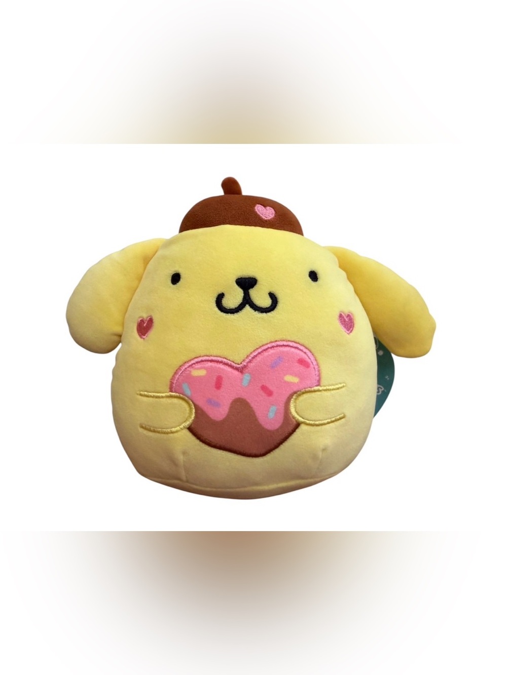 Squishmallows Yellow PomPomPurin Holding Pink Heart Donut